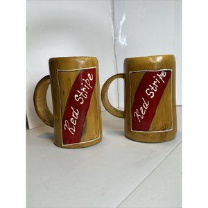 Set Of 2 RED STRIPE BEER CARVED BAMBOO WOOD MUG HAND CARVED & PAINTED